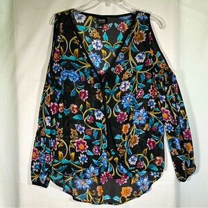 Nicole Miller Black Blue Chintz Cold Shoulder Sheer Blouse Women's Large